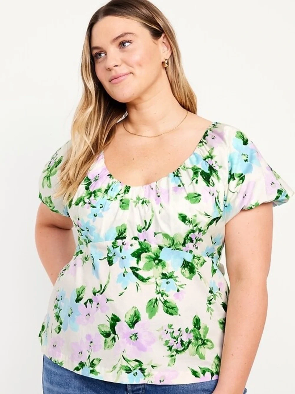 Old Navy White Floral Puff-Sleeve Square Neck Top - Blue & Green